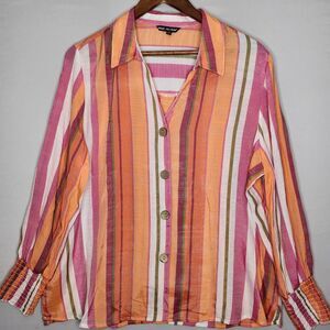 Unique Spectrum Womans blouse top long sleeve XL Orange Pink Stripe‎